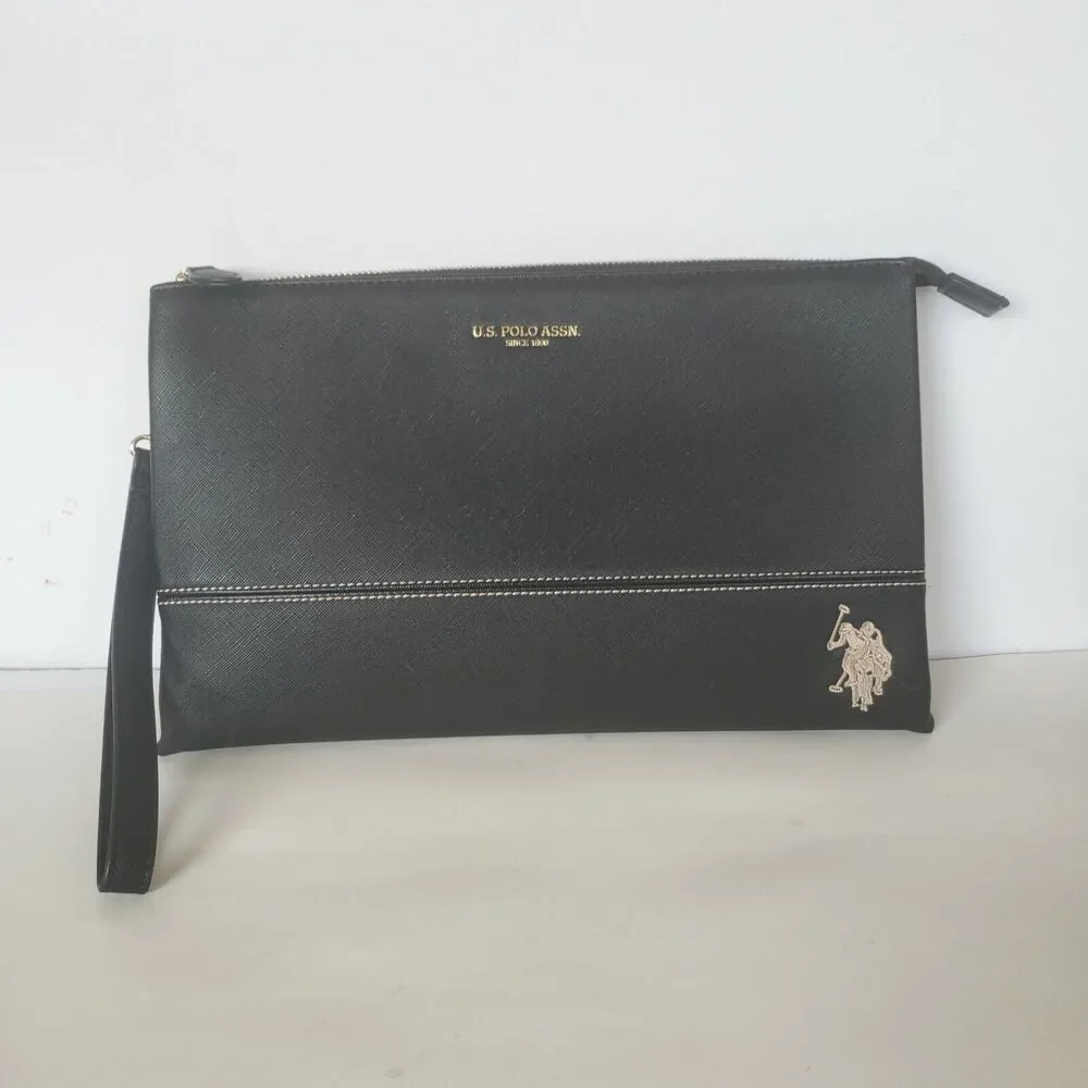 U.S. Polo Assn Wristlet Clutch Unisex Pony Black Flat Large 12x8 Rectangle Bag